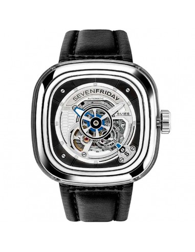 SevenFriday Men's Watch - S Series Power Reserve Black Leather Strap SS Case | S1-01 des créatures d'habitude