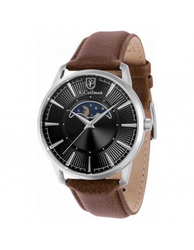 S. Coifman Men's Quartz Watch - Moonphase Black Dial Brown Leather Strap | SC0493 rembourrage situé sous