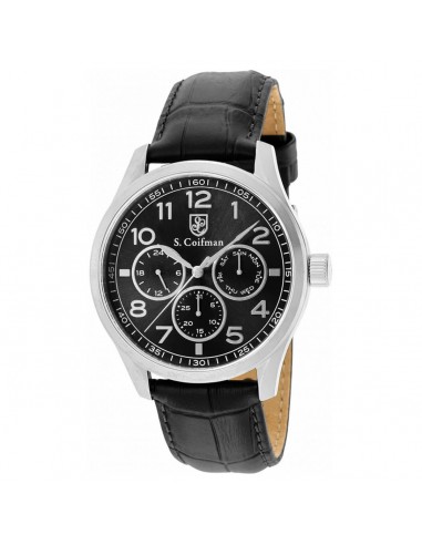 S. Coifman Men's Watch - Day-Date Silver Tone Case Black Dial Leather Strap | SC0503 de la marque