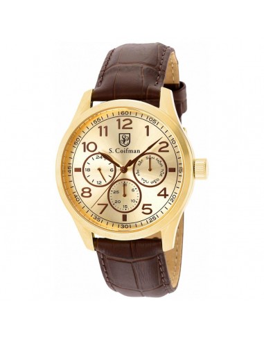 S. Coifman Men's Quartz Watch - Day-Date Champagne Dial Brown Leather Strap | SC0505 acheter