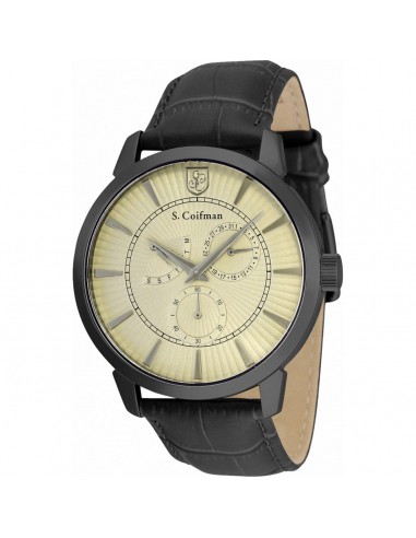 S. Coifman Men's Watch - Quartz Date Khaki Dial Black Genuine Leather Strap | SC0527 Livraison rapide