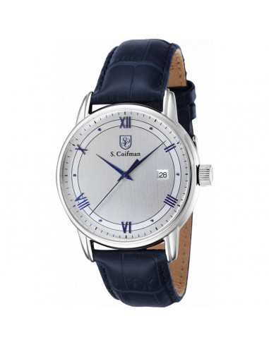 S. Coifman Men's Watch - Quartz Date Display Silver Dial Blue Leather Strap | SC0538 paiement sécurisé