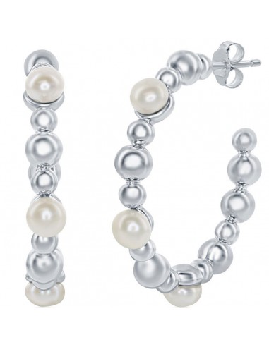 Classic Women's Earrings - Sterling Silver White FWP and Beaded 30mm Hoop | D-7829 paiement sécurisé