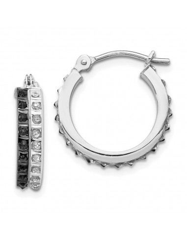 14k White Gold Diamond Fascination B & W Diamond Round Hinged Hoop Earrings destockage